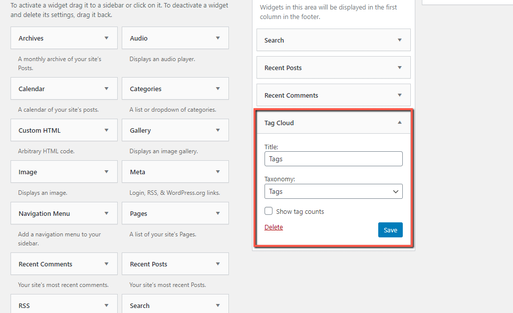 Configuring WordPress Tag Cloud Widget