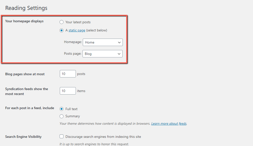 Configure WordPress Homepage Settings