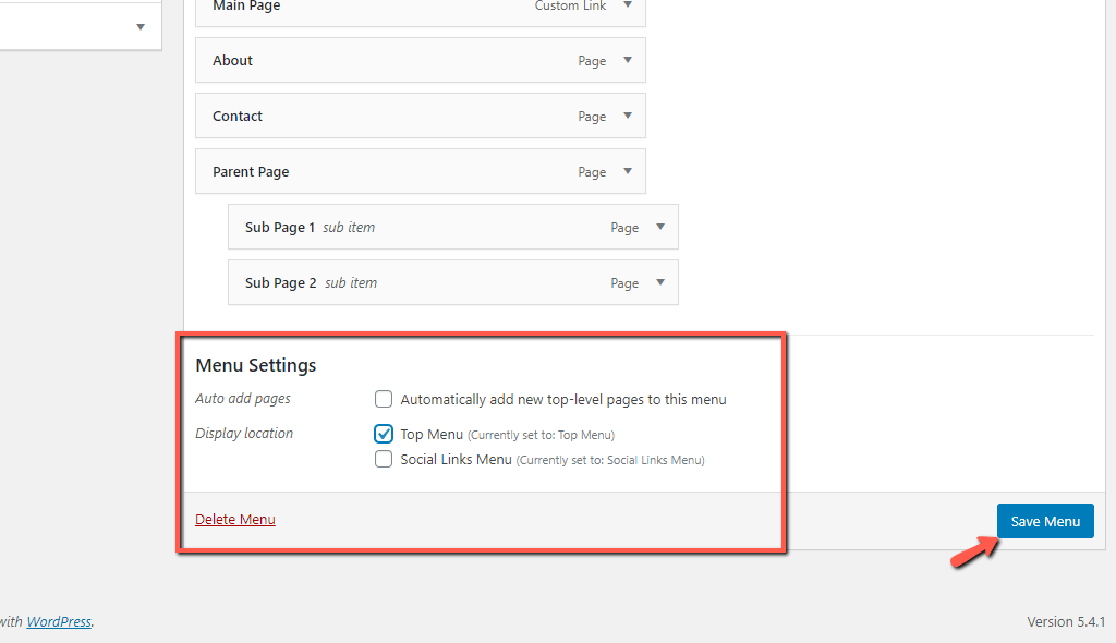 Configure WordPress Menu Auto Add Pages and Display Location Settings