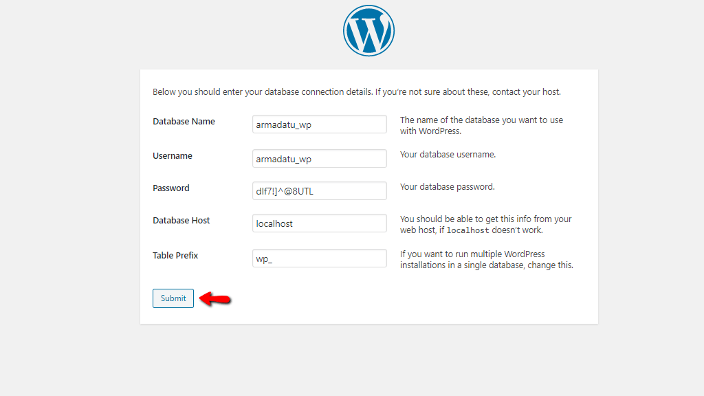 Entering the database details