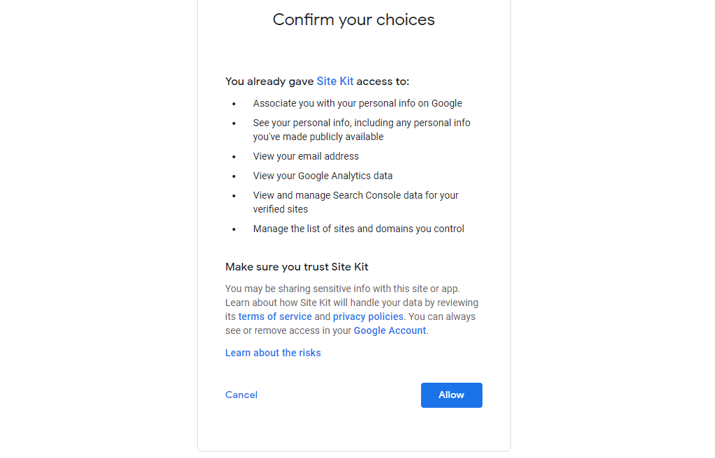 Confirm Site Kit Access Granted
