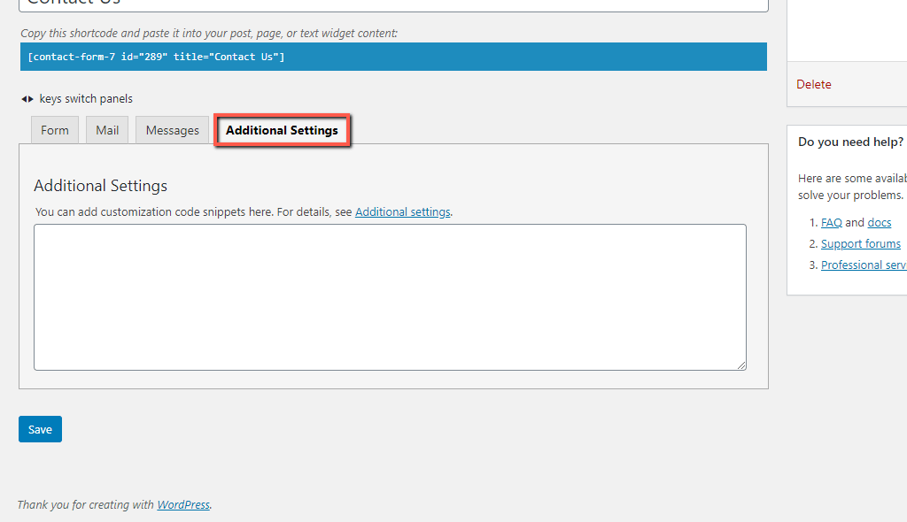 Contact Form Additional Settings