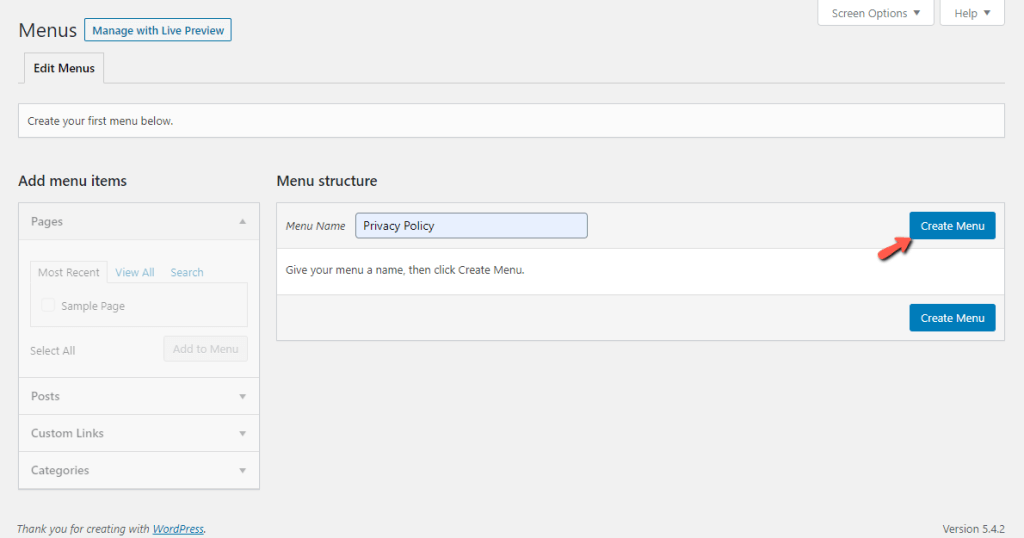 Crate WordPress Privacy Policy Menu