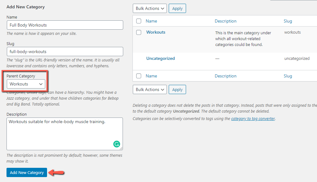 Create Subcategory