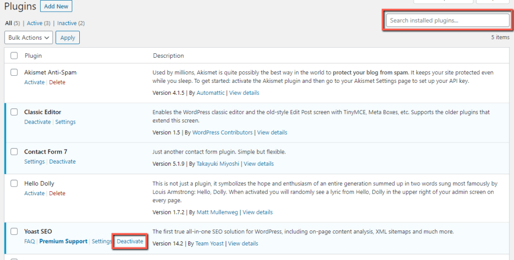 Deactivate WordPress Plugin