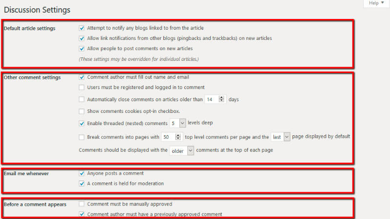 Discussion settings page