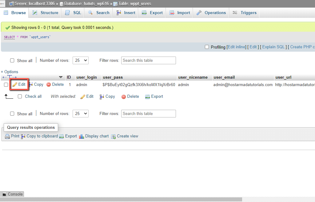 Edit WordPress Database Admin User Entry
