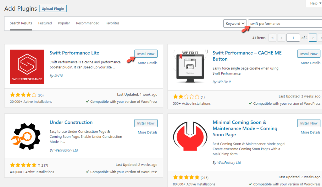WordPress Swift Performance Plugin Installation of free version