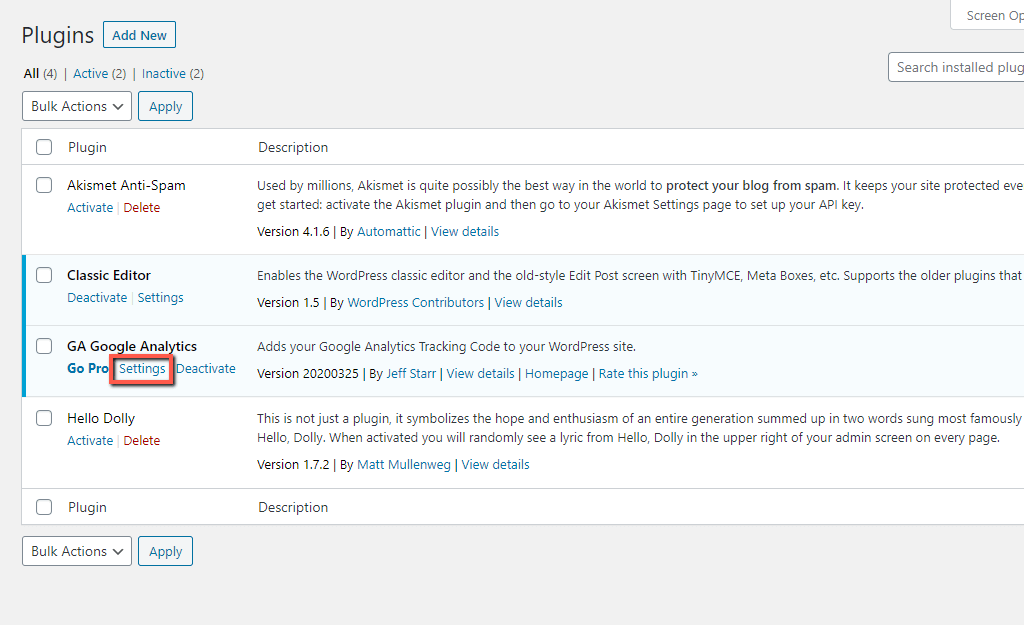 WordPress GA Google Analytics Settings