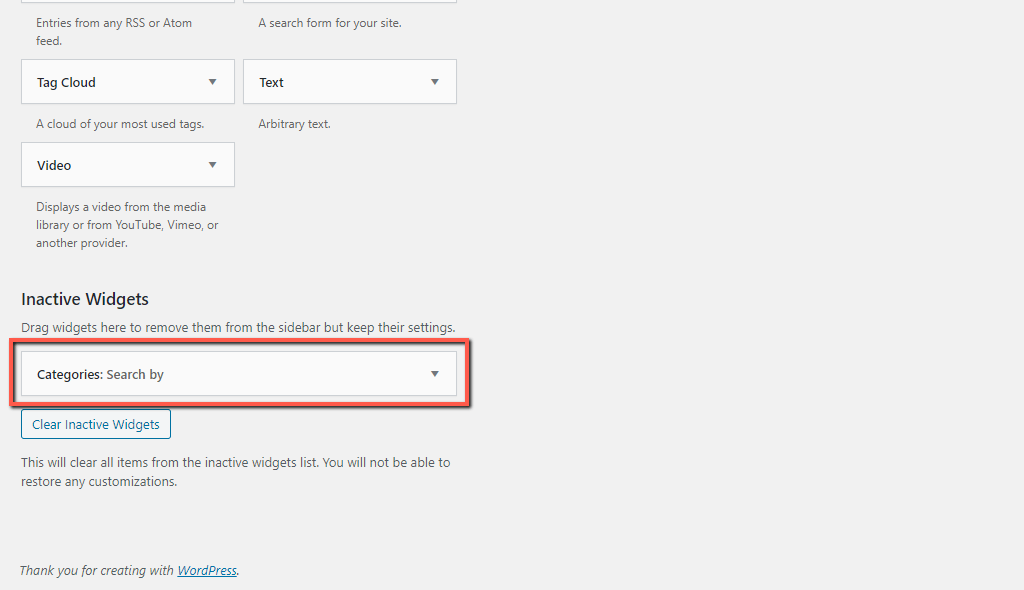 Inactive WordPress Widgets