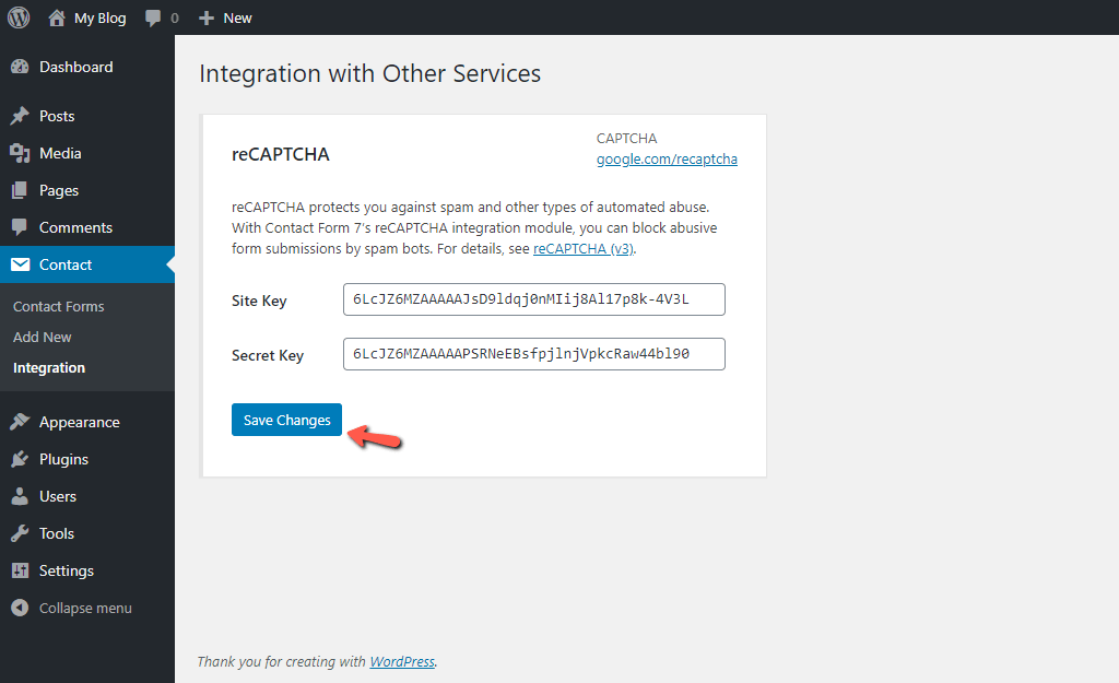 Input Google reCAPTCHA Site and Secret Key