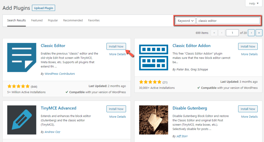 Install WordPress Classic Editor
