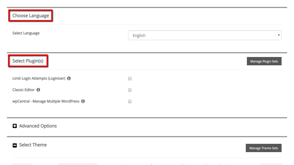Language and Plugin sections