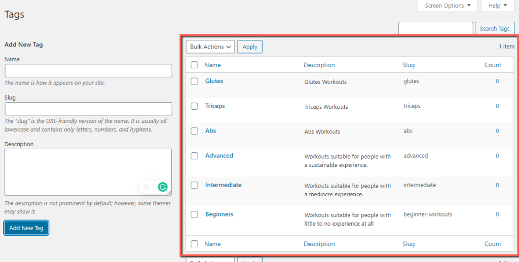 List of WordPress Tags