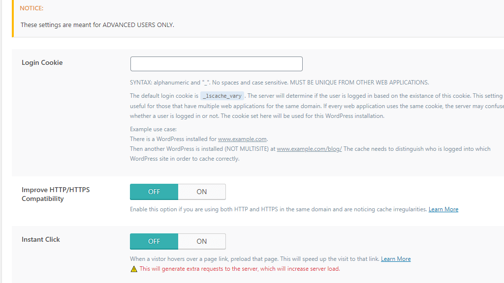WordPress LiteSpeed Cache Advanced Settings