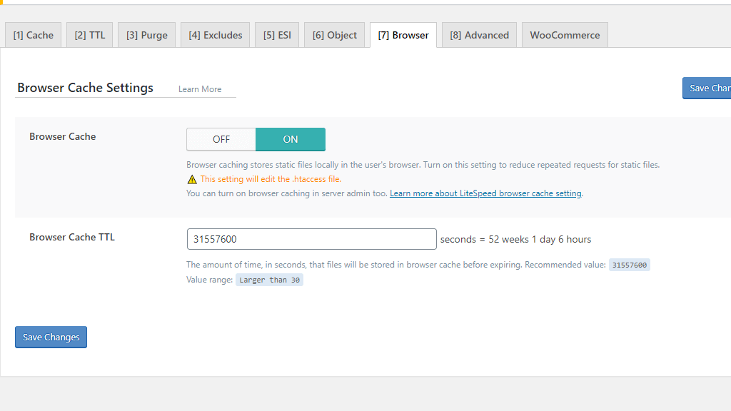WordPress LiteSpeed Cache Browser caching settings