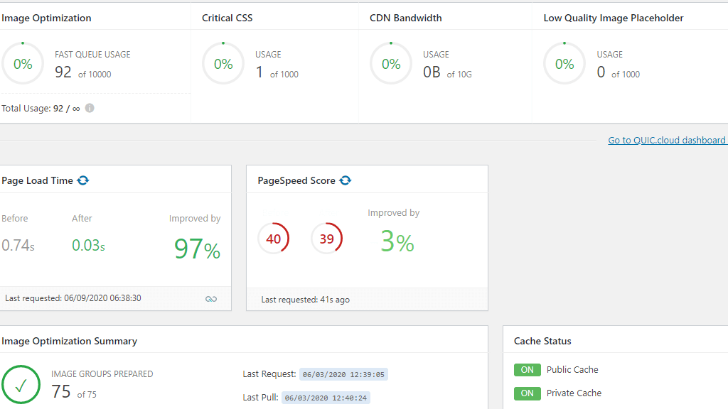 WordPress LiteSpeed Cache Plugin Dashboard Overview
