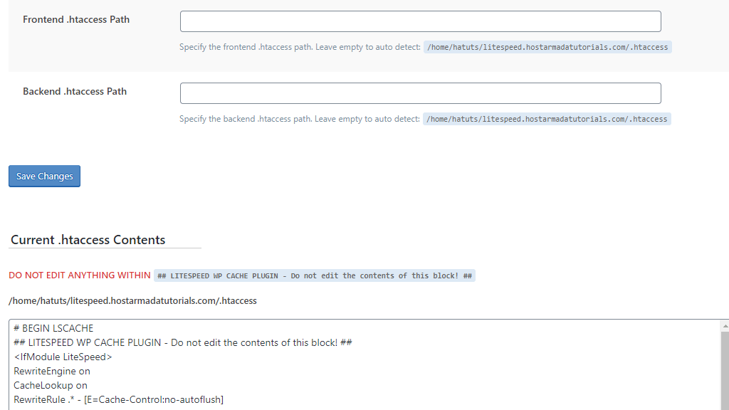 WordPress LiteSpeed Cache Plugin - Edit .htaccess