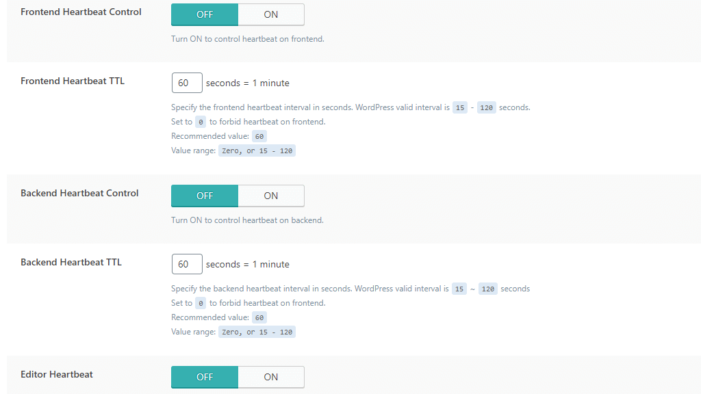 WordPress LiteSpeed Cache plugin Heartbeat Settings