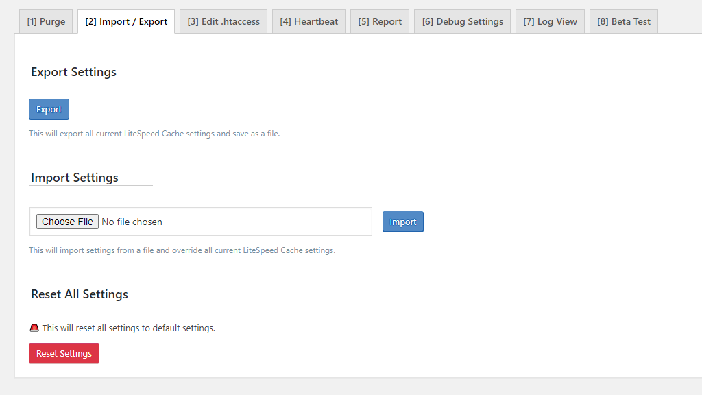 WordPress LiteSpeed Cache plugin Import/Export Options