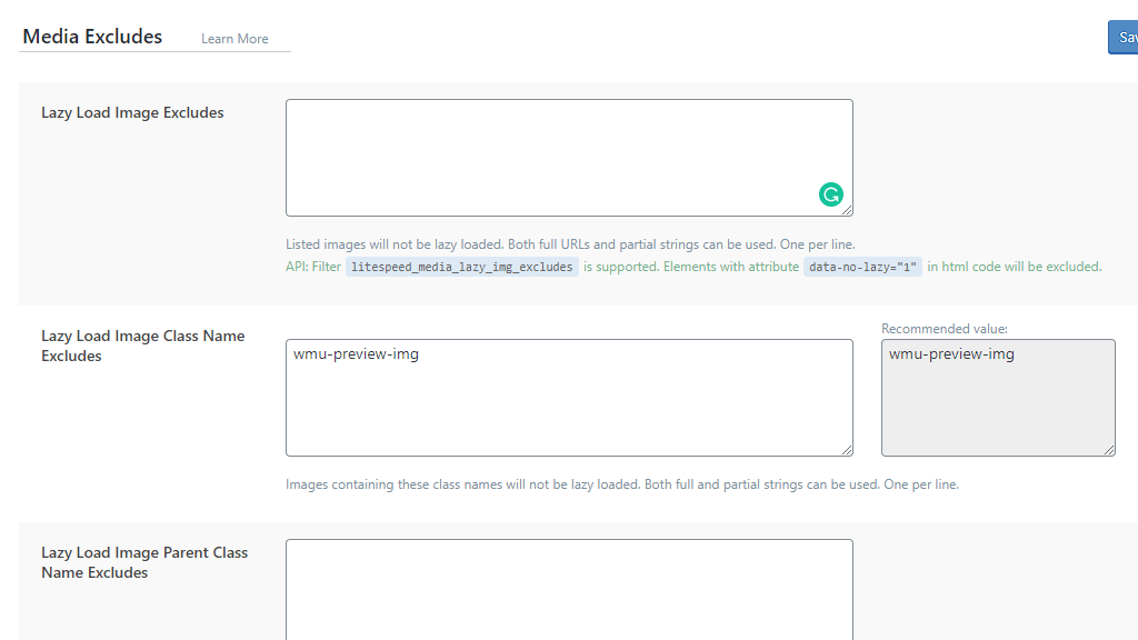 WordPress LiteSpeed Cache Media Exclude Settings