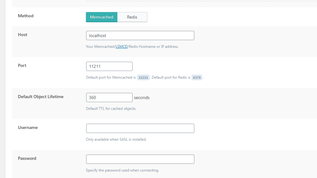 WordPress LiteSpeed Cache Object Settings