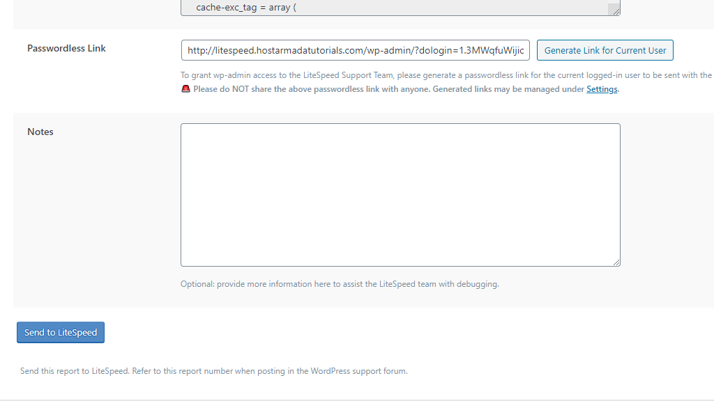 WordPress LiteSpeed Cache plugin Report options