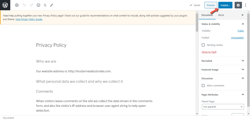 Publish WordPress Privacy Policy page