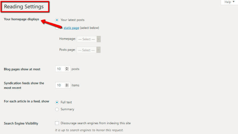 Reading Settings main page