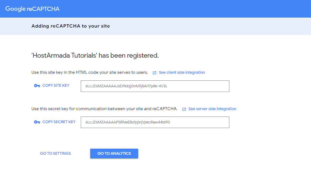 Google reCAPTCHA site key and secret key