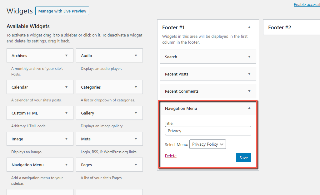 Save WordPress Privacy Policy Footer Menu