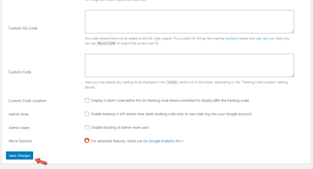 Save WordPress GA Google Analytics Changes