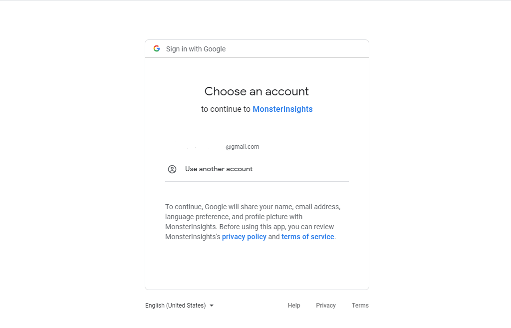 Select Gmail Account to connect with MonsterInsights