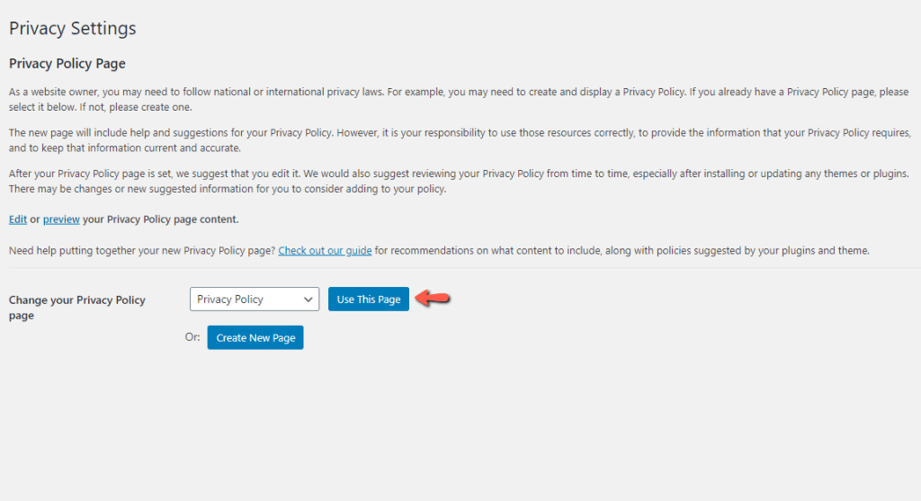 Select WordPress Privacy Policy Page
