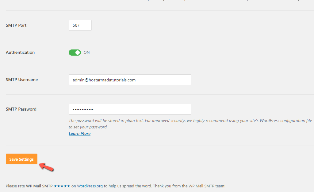 WordPress SMTP Authentication, Username, and Password