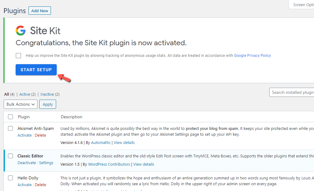 Start WordPress Site Kit Setup