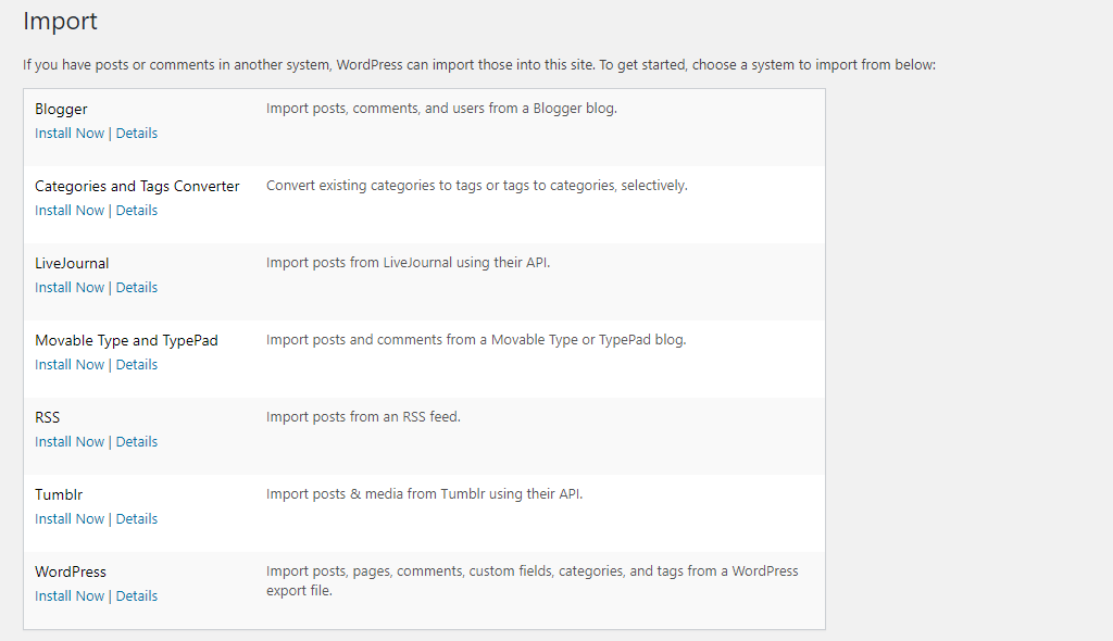 Supported WordPress Importers