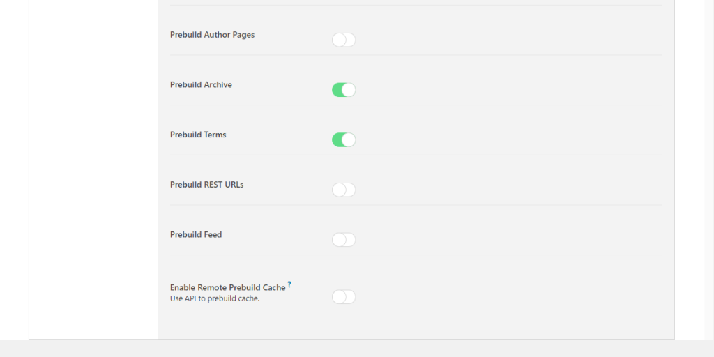 WordPress Swift Performance Cache Prebuild Settings
