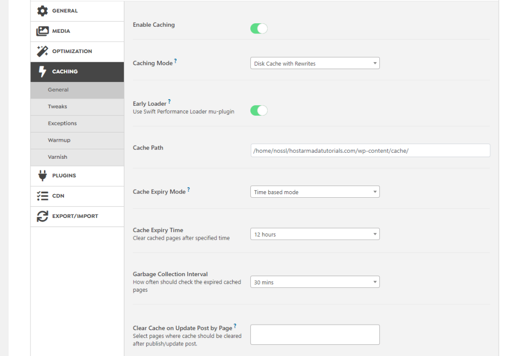 WordPress Swift Performance Caching Settings