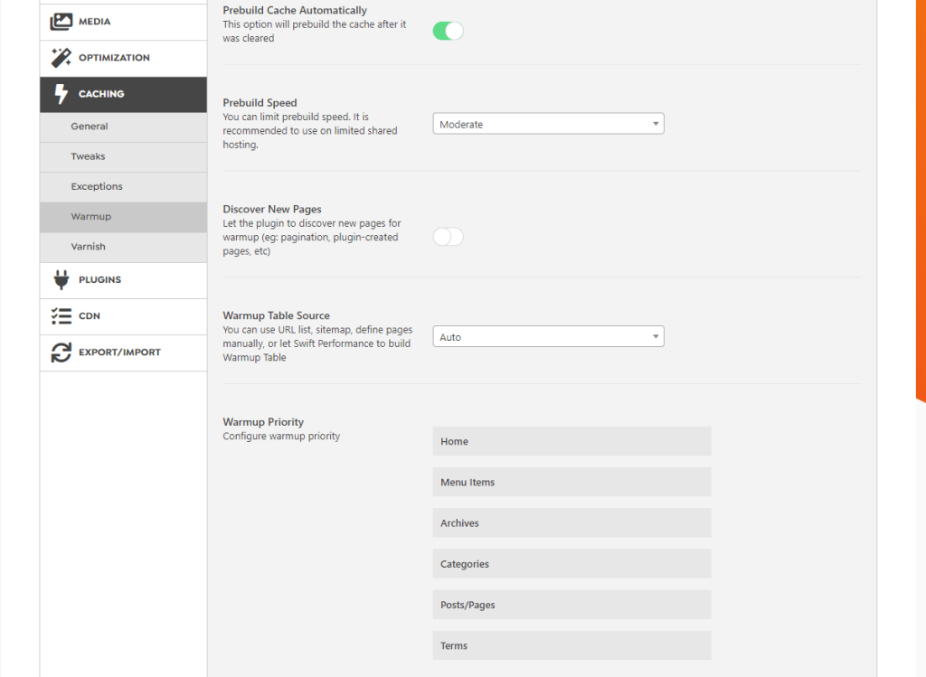 WordPress Swift Performance Cache Warmup