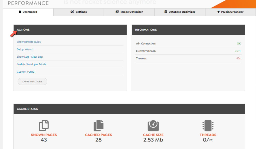 WordPress Swift Performance Plugin Dashboard Actions