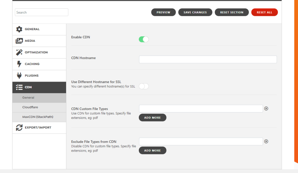 WordPress Swift Performance Plugin General CDN Settings