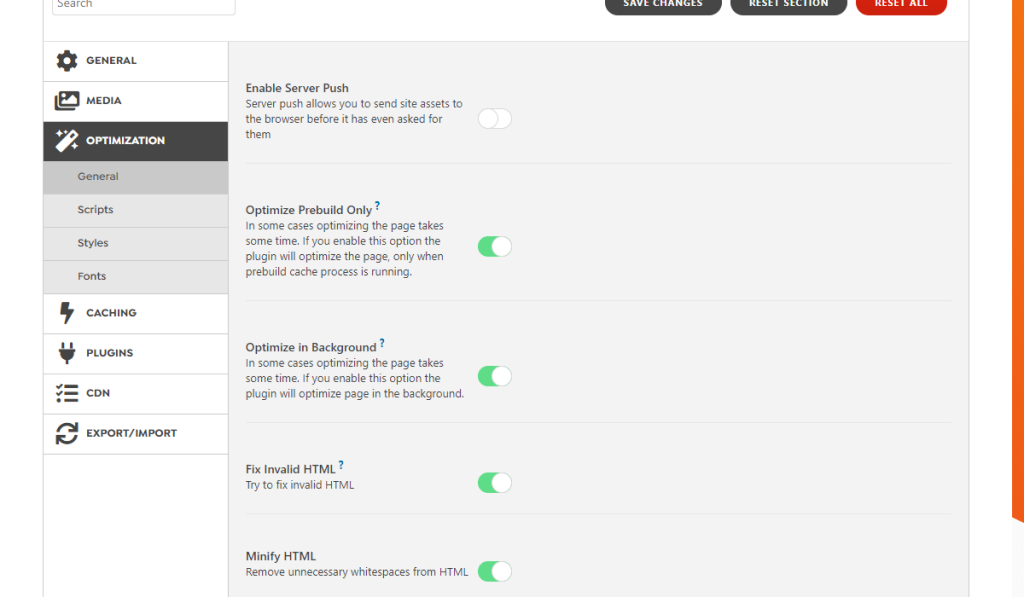 WordPress Swift Performance Plugin General Optimization Settings