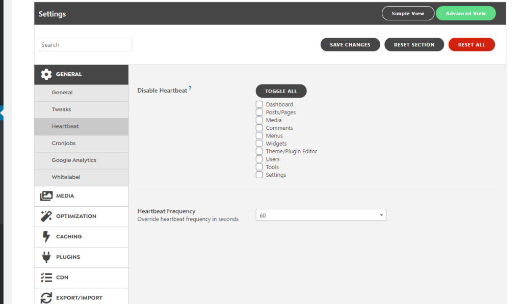 WordPress Swift Performance Heartbeat Settings
