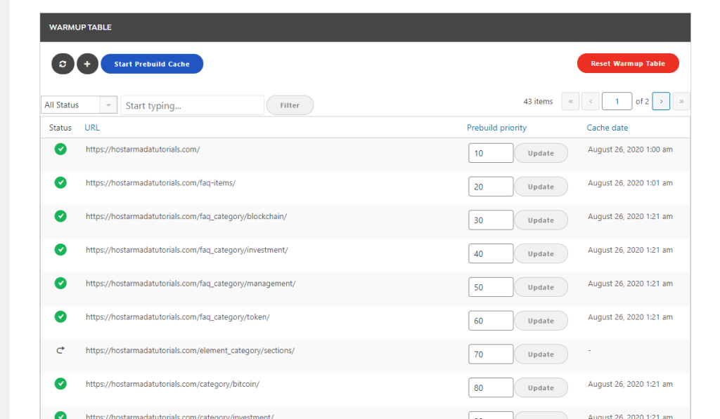 WordPress Swift Performance Plugin Warmup Table