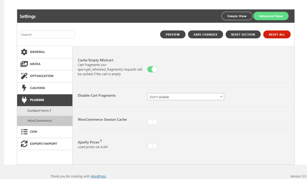 WordPress Swift Performance Plugin WooCommerce Settings