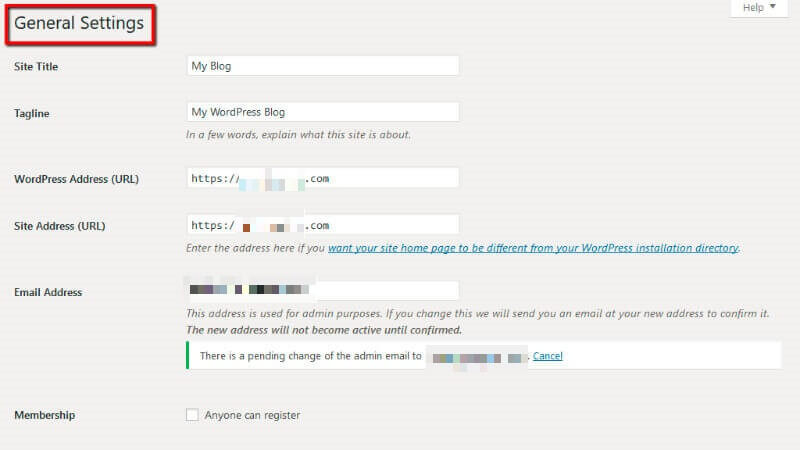 The general settings page