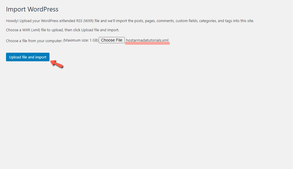 Upload and Import WXR (.xml) file to WordPress