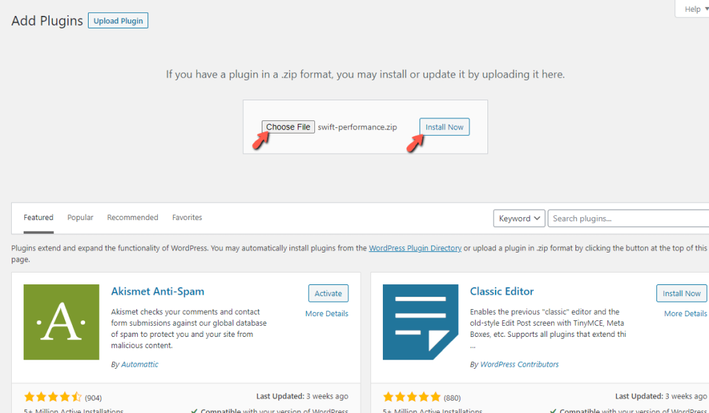 Upload WordPress Plugin installation archive file