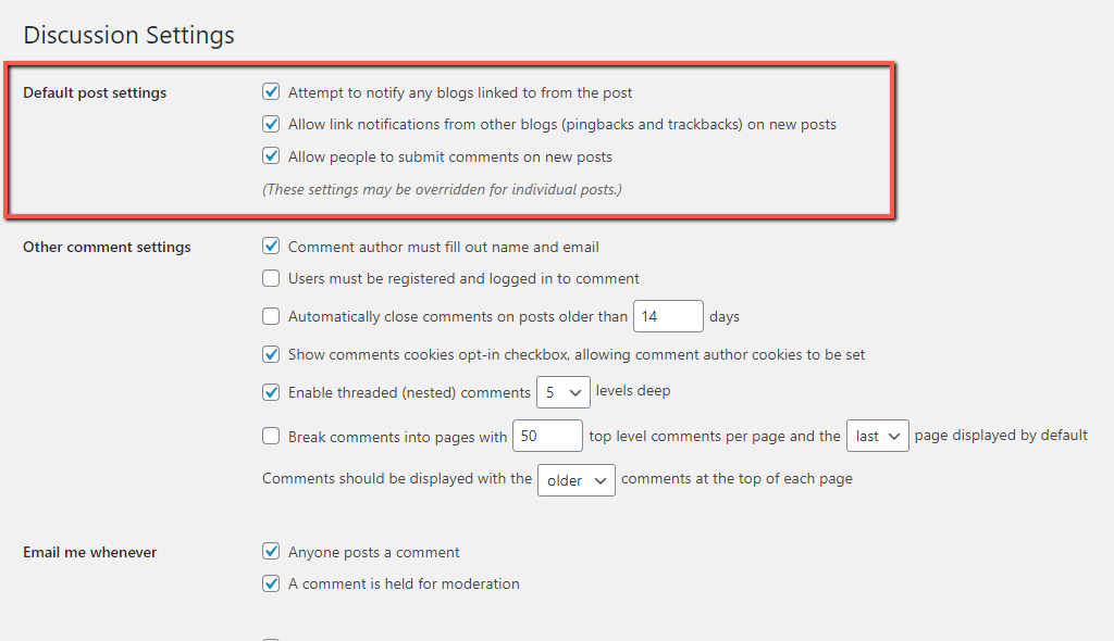 WordPress Default Post Settings